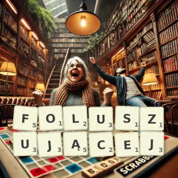 Kreatywna ilustracja do gry w Scrabble ze słowem FOLUSZUJĄCEJ ułożonym z płytek na planszy.