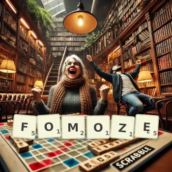 Kreatywna ilustracja do gry w Scrabble ze słowem FOMOZĘ ułożonym z płytek na planszy.