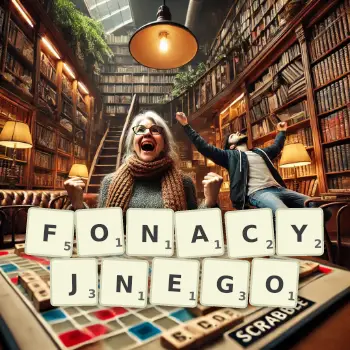 Kreatywna ilustracja do gry w Scrabble ze słowem FONACYJNEGO ułożonym z płytek na planszy.