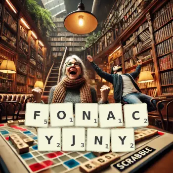 Kreatywna ilustracja do gry w Scrabble ze słowem FONACYJNY ułożonym z płytek na planszy.