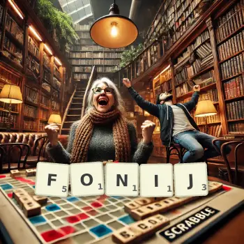 Kreatywna ilustracja do gry w Scrabble ze słowem FONIJ ułożonym z płytek na planszy.
