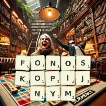 Kreatywna ilustracja do gry w Scrabble ze słowem FONOSKOPIJNYM ułożonym z płytek na planszy.