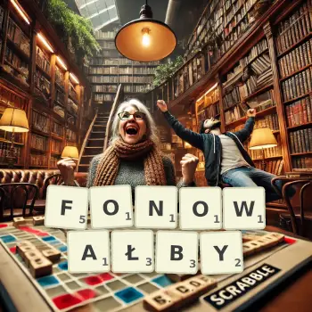 Kreatywna ilustracja do gry w Scrabble ze słowem FONOWAŁBY ułożonym z płytek na planszy.