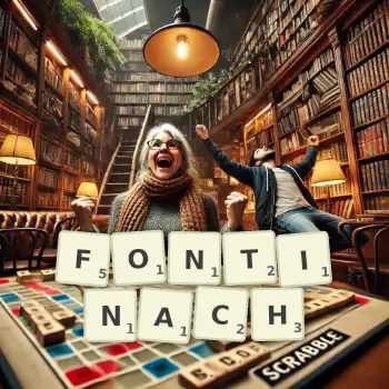 Kreatywna ilustracja do gry w Scrabble ze słowem FONTINACH ułożonym z płytek na planszy.