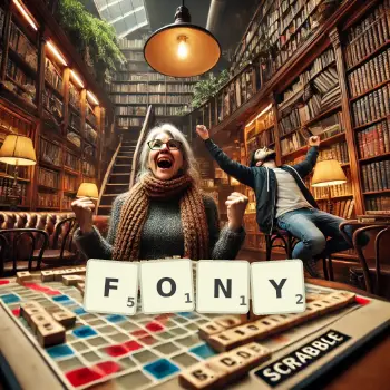 Kreatywna ilustracja do gry w Scrabble ze słowem FONY ułożonym z płytek na planszy.
