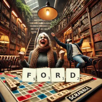 Kreatywna ilustracja do gry w Scrabble ze słowem FORD ułożonym z płytek na planszy.