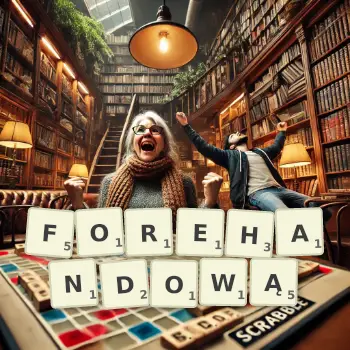 Kreatywna ilustracja do gry w Scrabble ze słowem FOREHANDOWĄ ułożonym z płytek na planszy.