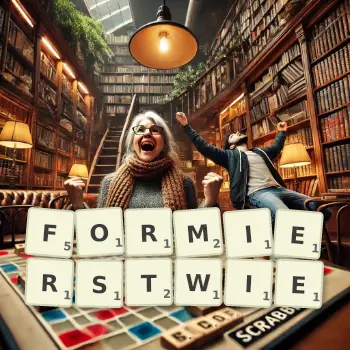 Kreatywna ilustracja do gry w Scrabble ze słowem FORMIERSTWIE ułożonym z płytek na planszy.