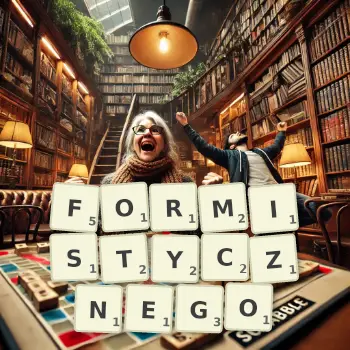 Kreatywna ilustracja do gry w Scrabble ze słowem FORMISTYCZNEGO ułożonym z płytek na planszy.
