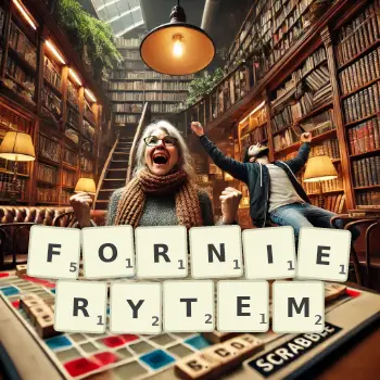 Kreatywna ilustracja do gry w Scrabble ze słowem FORNIERYTEM ułożonym z płytek na planszy.
