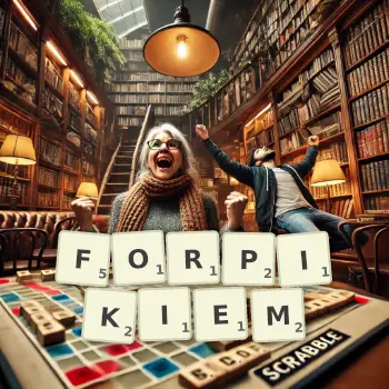 Kreatywna ilustracja do gry w Scrabble ze słowem FORPIKIEM ułożonym z płytek na planszy.