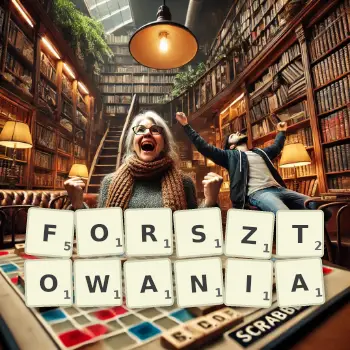 Kreatywna ilustracja do gry w Scrabble ze słowem FORSZTOWANIA ułożonym z płytek na planszy.