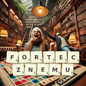 Kreatywna ilustracja do gry w Scrabble ze słowem FORTECZNEMU ułożonym z płytek na planszy.