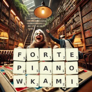 Kreatywna ilustracja do gry w Scrabble ze słowem FORTEPIANOWKAMI ułożonym z płytek na planszy.