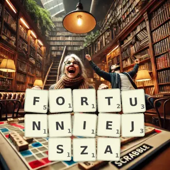 Kreatywna ilustracja do gry w Scrabble ze słowem FORTUNNIEJSZA ułożonym z płytek na planszy.