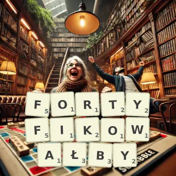 Kreatywna ilustracja do gry w Scrabble ze słowem FORTYFIKOWAŁBY ułożonym z płytek na planszy.