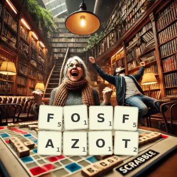 Kreatywna ilustracja do gry w Scrabble ze słowem FOSFAZOT ułożonym z płytek na planszy.