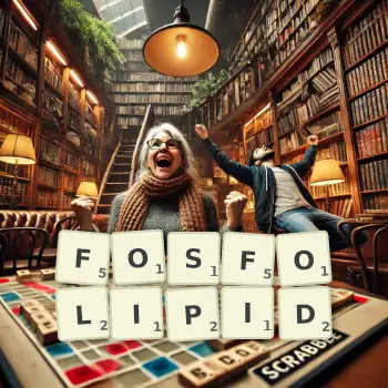 Kreatywna ilustracja do gry w Scrabble ze słowem FOSFOLIPID ułożonym z płytek na planszy.