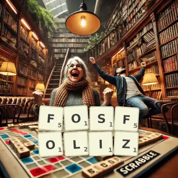 Kreatywna ilustracja do gry w Scrabble ze słowem FOSFOLIZ ułożonym z płytek na planszy.