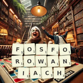 Kreatywna ilustracja do gry w Scrabble ze słowem FOSFOROWANIACH ułożonym z płytek na planszy.