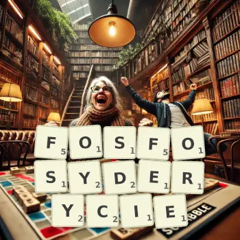 Kreatywna ilustracja do gry w Scrabble ze słowem FOSFOSYDERYCIE ułożonym z płytek na planszy.