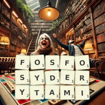 Kreatywna ilustracja do gry w Scrabble ze słowem FOSFOSYDERYTAMI ułożonym z płytek na planszy.