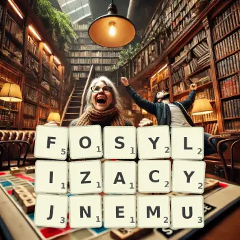 Kreatywna ilustracja do gry w Scrabble ze słowem FOSYLIZACYJNEMU ułożonym z płytek na planszy.