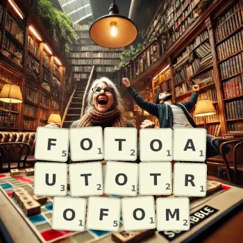 Kreatywna ilustracja do gry w Scrabble ze słowem FOTOAUTOTROFOM ułożonym z płytek na planszy.