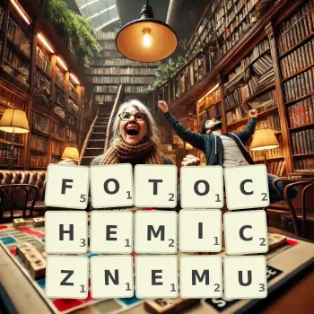 Kreatywna ilustracja do gry w Scrabble ze słowem FOTOCHEMICZNEMU ułożonym z płytek na planszy.