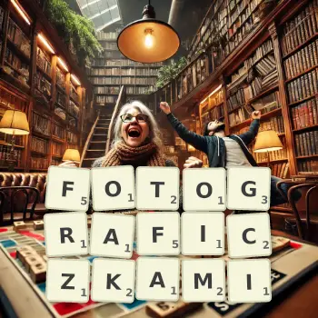 Kreatywna ilustracja do gry w Scrabble ze słowem FOTOGRAFICZKAMI ułożonym z płytek na planszy.