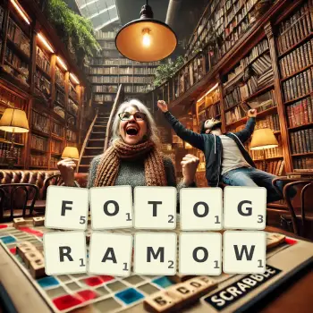 Kreatywna ilustracja do gry w Scrabble ze słowem FOTOGRAMOW ułożonym z płytek na planszy.
