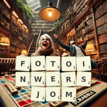 Kreatywna ilustracja do gry w Scrabble ze słowem FOTOINWERSJOM ułożonym z płytek na planszy.