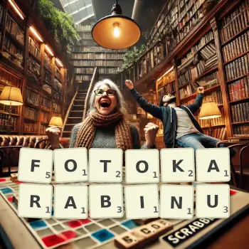 Kreatywna ilustracja do gry w Scrabble ze słowem FOTOKARABINU ułożonym z płytek na planszy.