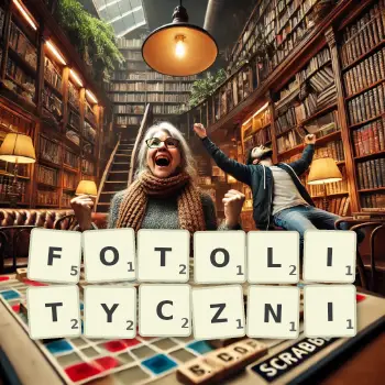 Kreatywna ilustracja do gry w Scrabble ze słowem FOTOLITYCZNI ułożonym z płytek na planszy.