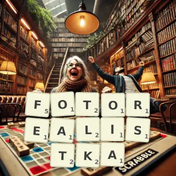 Kreatywna ilustracja do gry w Scrabble ze słowem FOTOREALISTKA ułożonym z płytek na planszy.
