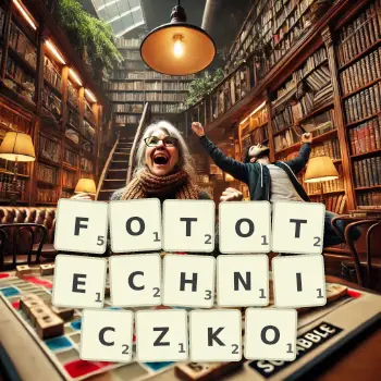Kreatywna ilustracja do gry w Scrabble ze słowem FOTOTECHNICZKO ułożonym z płytek na planszy.