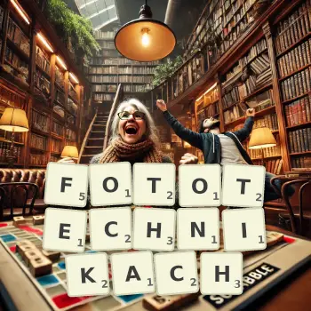 Kreatywna ilustracja do gry w Scrabble ze słowem FOTOTECHNIKACH ułożonym z płytek na planszy.