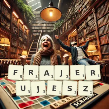 Kreatywna ilustracja do gry w Scrabble ze słowem FRAJERUJESZ ułożonym z płytek na planszy.