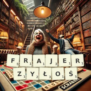 Kreatywna ilustracja do gry w Scrabble ze słowem FRAJERZYŁOŚ ułożonym z płytek na planszy.