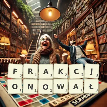 Kreatywna ilustracja do gry w Scrabble ze słowem FRAKCJONOWAŁ ułożonym z płytek na planszy.