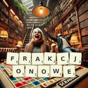 Kreatywna ilustracja do gry w Scrabble ze słowem FRAKCJONOWE ułożonym z płytek na planszy.