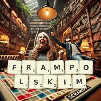 Kreatywna ilustracja do gry w Scrabble ze słowem FRAMPOLSKIM ułożonym z płytek na planszy.