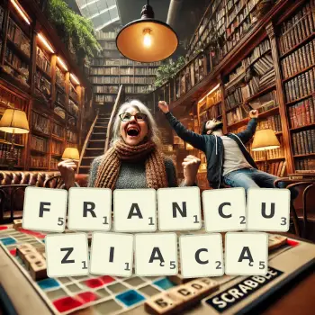 Kreatywna ilustracja do gry w Scrabble ze słowem FRANCUZIĄCĄ ułożonym z płytek na planszy.