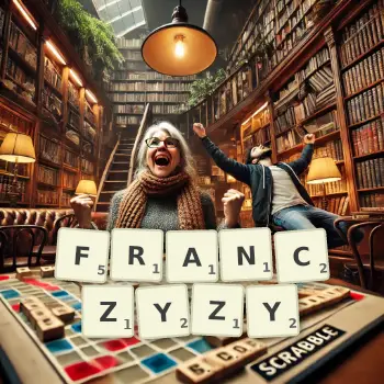 Kreatywna ilustracja do gry w Scrabble ze słowem FRANCZYZY ułożonym z płytek na planszy.