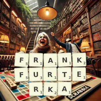Kreatywna ilustracja do gry w Scrabble ze słowem FRANKFURTERKA ułożonym z płytek na planszy.