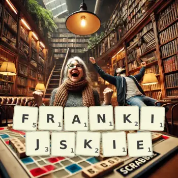 Kreatywna ilustracja do gry w Scrabble ze słowem FRANKIJSKIE ułożonym z płytek na planszy.