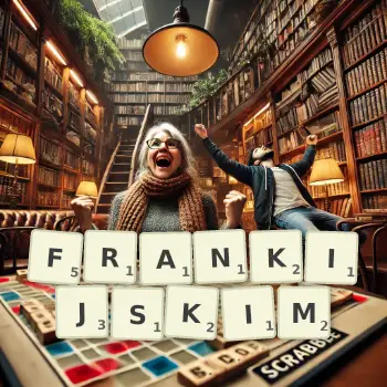 Kreatywna ilustracja do gry w Scrabble ze słowem FRANKIJSKIM ułożonym z płytek na planszy.