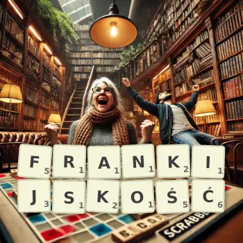 Kreatywna ilustracja do gry w Scrabble ze słowem FRANKIJSKOŚĆ ułożonym z płytek na planszy.