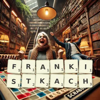 Kreatywna ilustracja do gry w Scrabble ze słowem FRANKISTKACH ułożonym z płytek na planszy.