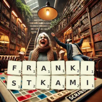Kreatywna ilustracja do gry w Scrabble ze słowem FRANKISTKAMI ułożonym z płytek na planszy.